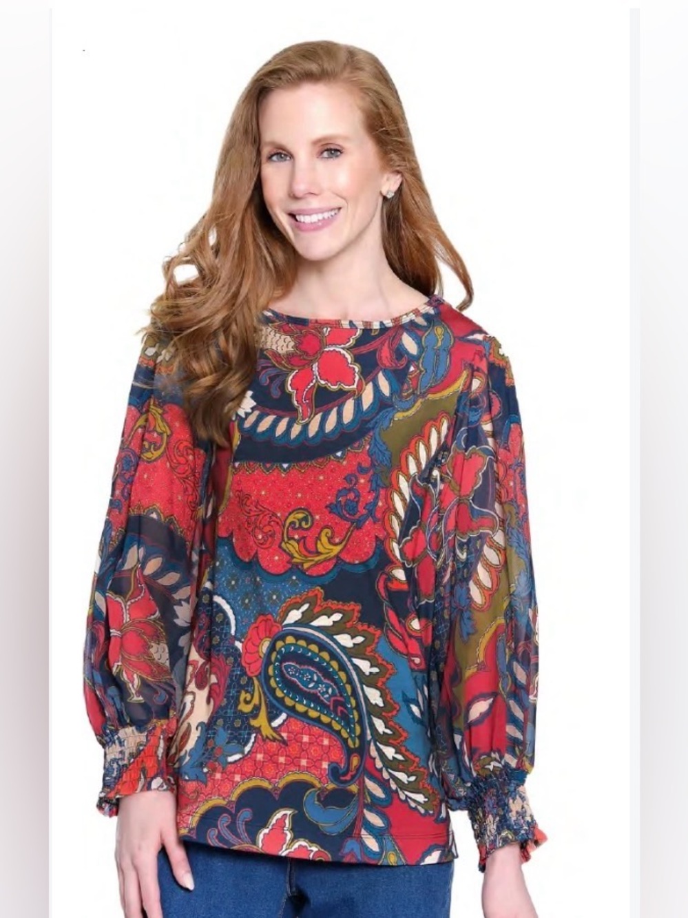 Ali Miles Top Large Boho Paisley Pullover Colorful Lagenlook Shirt Sheer Sleeves